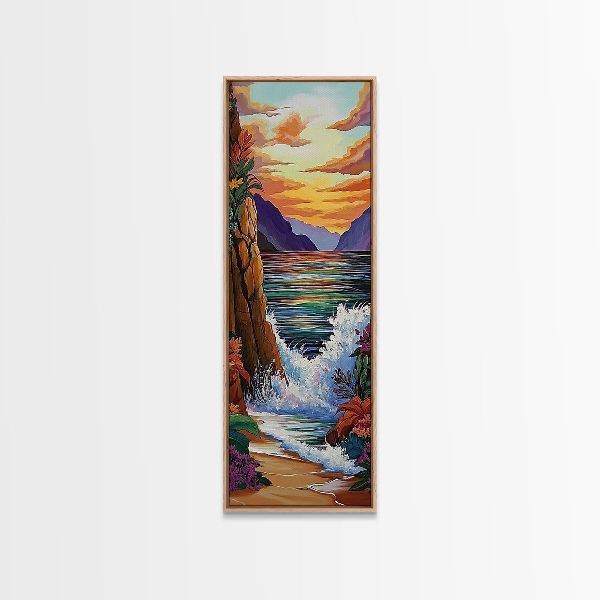 Coastal Sunset Waves Garden, Framed Canvas Print, Ocean beach sunset painting, floral wall decor, coastal fall home art, bohemian vibe