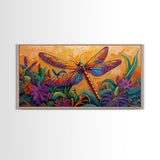 Dragonfly Garden, Sunset, Colorful Nature Canvas Print, Vibrant Insect Wall Decor, Boho Art Bedroom Accent, Summer Style