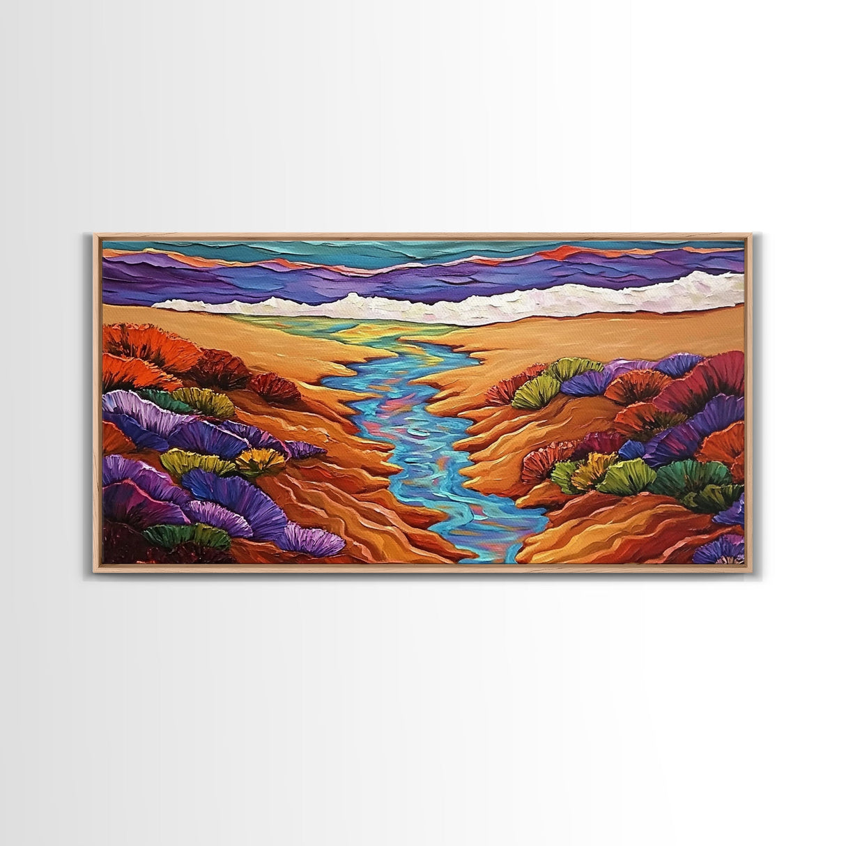 Stream Desert, Flowers, Vibrant Nature Canvas Print, Southwest Landscape Wall Decor, Autumn Living Room Boho Art Style