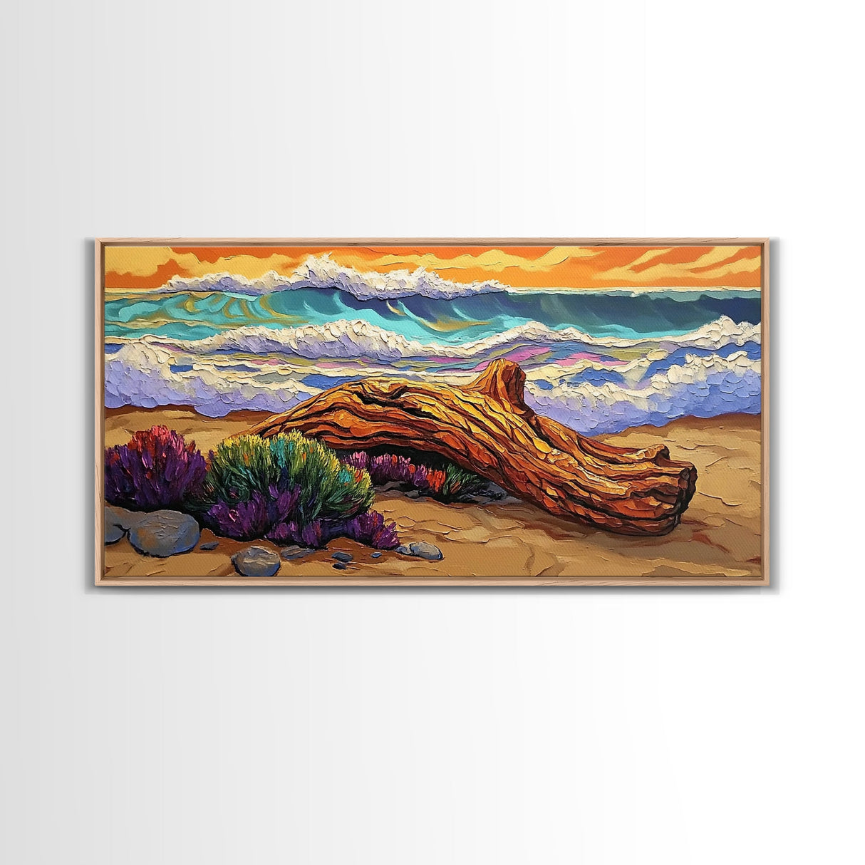 Coastal Driftwood, Waves, Sunset, Framed Canvas Print, ocean beach decor, colorful seascape, tropical wall art, living room wall art