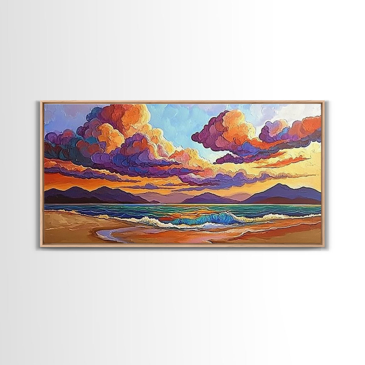 Colorful Sunset, Clouds, Mountains, Framed Canvas Print vibrant beach wall decor, sky and sea painting, boho art, coastal living room