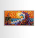 Ocean Wave, Sunset, Lighthouse, Framed Canvas Print vibrant coastal art, whimsical seascape painting, tropical decor, beach wall art