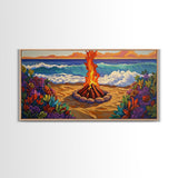 Fire Beach, Ocean, Framed Canvas Print, Sunset Beach Bonfire Painting, Vibrant Coastal Campfire Wall Art, Boho Living Room Decor