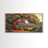 Tree Bird, Village, Sunset, Canvas Print autumn countryside art, peaceful nature wall painting, colorful landscape, farmhouse decor
