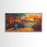 Sunset Courtyard, View, Vibrant sunset courtyard scene with ocean and mountain backdrop, Framed Canvas Print, kitchen wall art