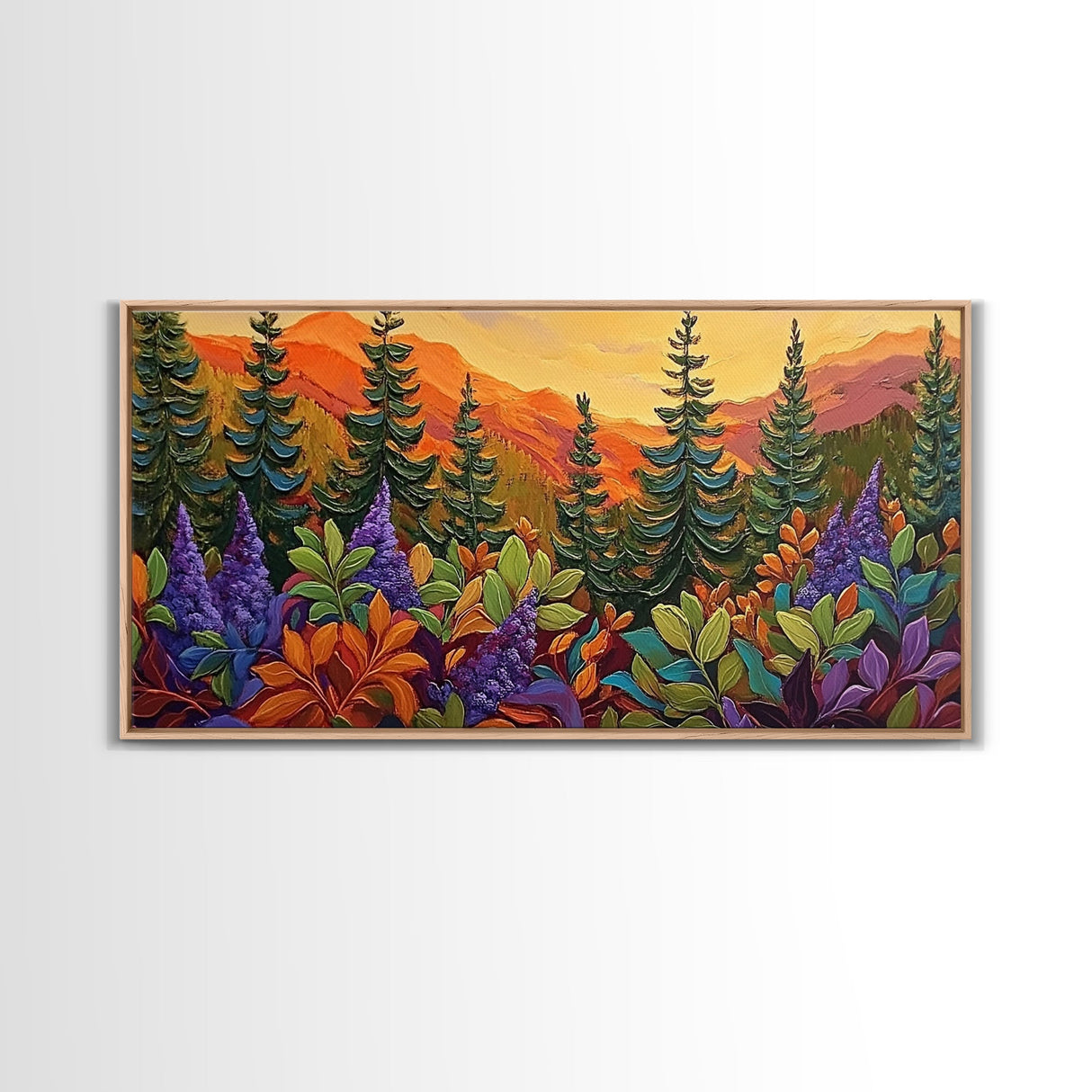 Fall Forest, Pines, Vibrant autumn forest painting with pine trees and colorful foliage, Canvas Print, Fall living room wall art