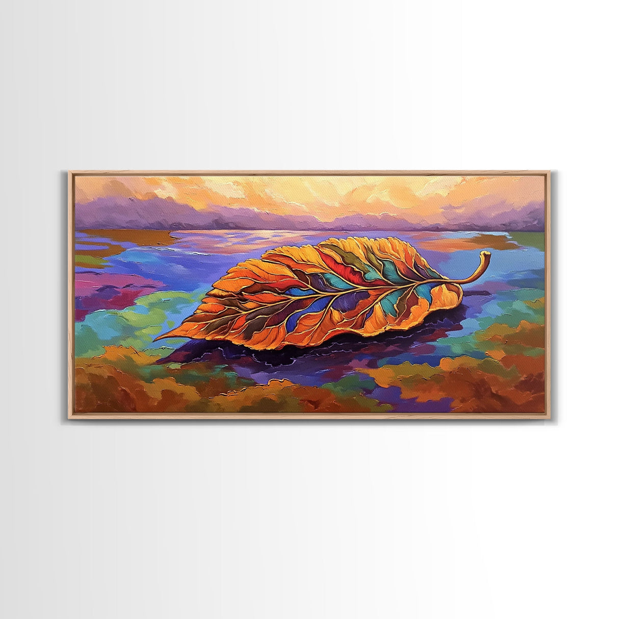 Leaf Autumn, Abstract, Abstract multicolor leaf on vibrant landscape background, Framed Canvas Print, Fall seasonal art, leaf print