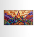 Campfire, Mountains, Glow, Vibrant campfire scene with colorful mountains and plants, Framed Canvas Print, rustic cabin wall art
