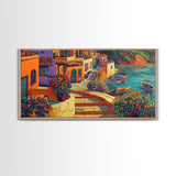 Village, Boats, Coastal, Pathway, Framed Canvas Print, Mediterranean street scene, colorful coastal home decor, kitchen wall art