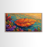 Leaf, Autumn, Floating, Nature, Framed Canvas Print, Fall themed leaf painting, cozy seasonal decor, rustic kitchen wall art
