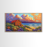 Cabin by Ocean, Colorful Beach Sunset, Cloudy Sky Art, Canvas Print, Autumn Wall Decor, Cozy Living Room Art, Rustic Coastal Scene