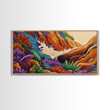 Rocky Wave Crash, Bold Ocean Splash, Coastal Nature Art, Framed Canvas Print, Vibrant Bathroom Decor, Colorful Beach Scene