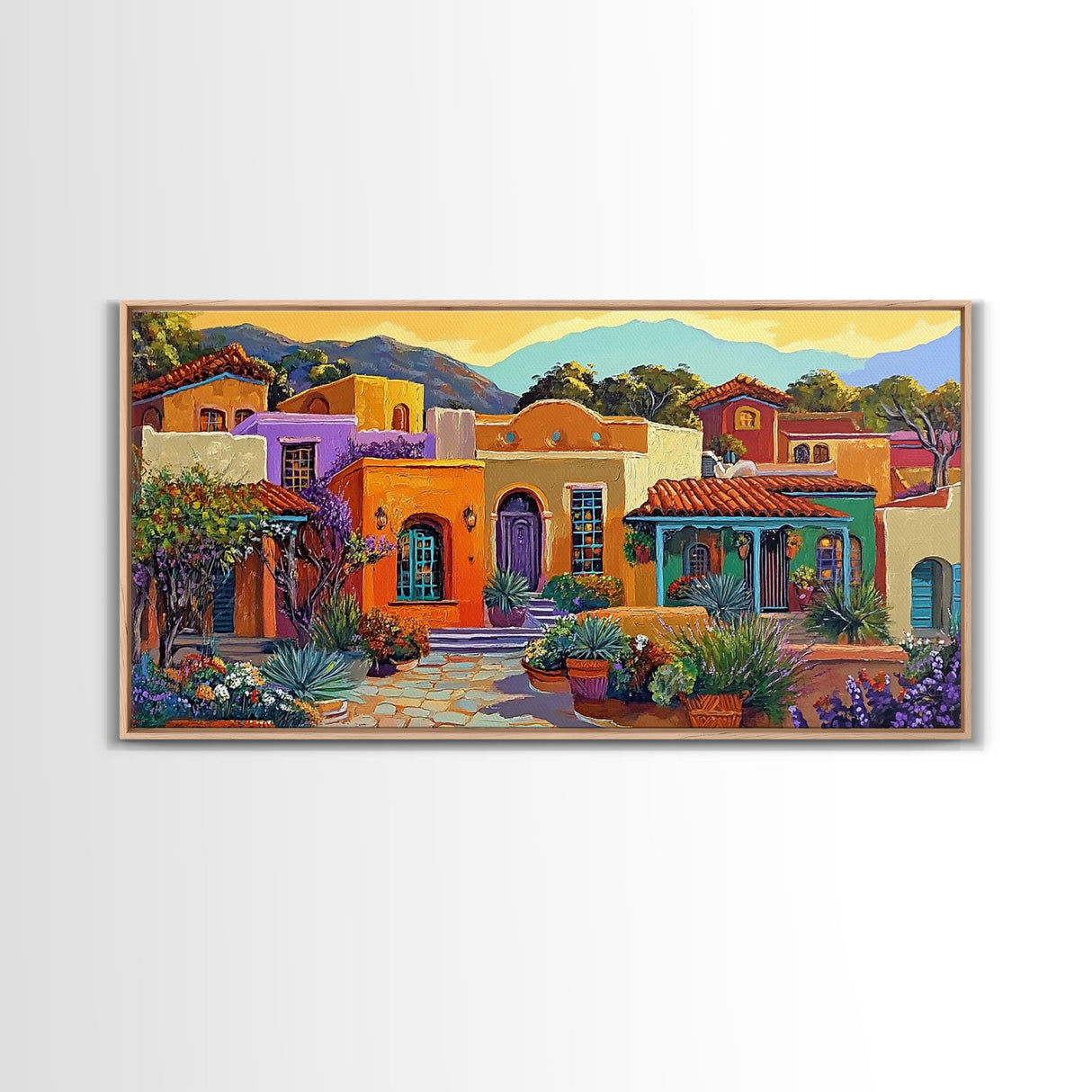 Colorful Adobe Homes, Desert Village Scene, Southwest Art Style, Canvas Print, Boho Wall Decor, Vibrant Courtyard Painting