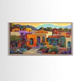 Colorful Adobe Homes, Desert Village Scene, Southwest Art Style, Canvas Print, Boho Wall Decor, Vibrant Courtyard Painting