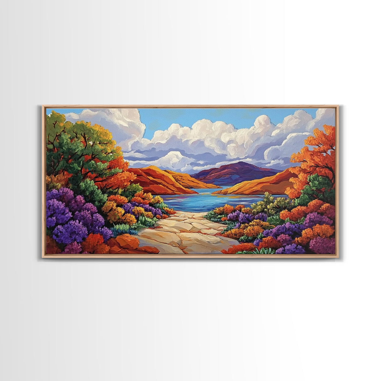 Canyon Lake Path, Colorful Wildflowers, Bold Autumn Hills, Framed Canvas Print, Nature Inspired Wall Art, Southwestern Decor