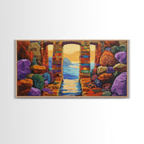 Ocean Doorway View, Colorful Stone Arch, Vibrant Seaside Escape, Canvas Print, Boho Coastal Wall Art, Mediterranean Dream Artwork