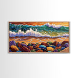Colorful Ocean, Stones, Framed Canvas Print, Sunset wave beach scene, Living Room Wall Art, coastal decor, boho landscape painting