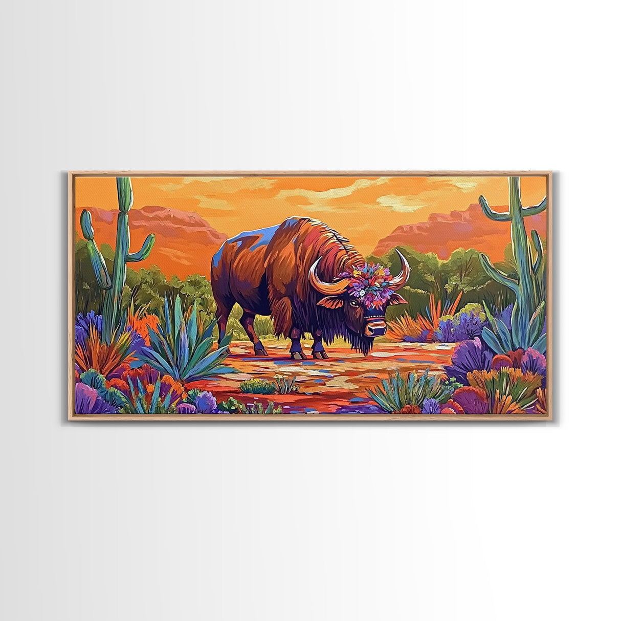 Buffalo Desert, Flowers, Canvas Print, Western buffalo art, colorful desert scene, ranch decor, Office Wall Art, Autumn Wall Art