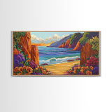 Ocean Cliffside, Flowers, Canvas Print, Colorful beachscape painting, Bathroom Wall Art, vibrant coastal decor,beach flower wall art