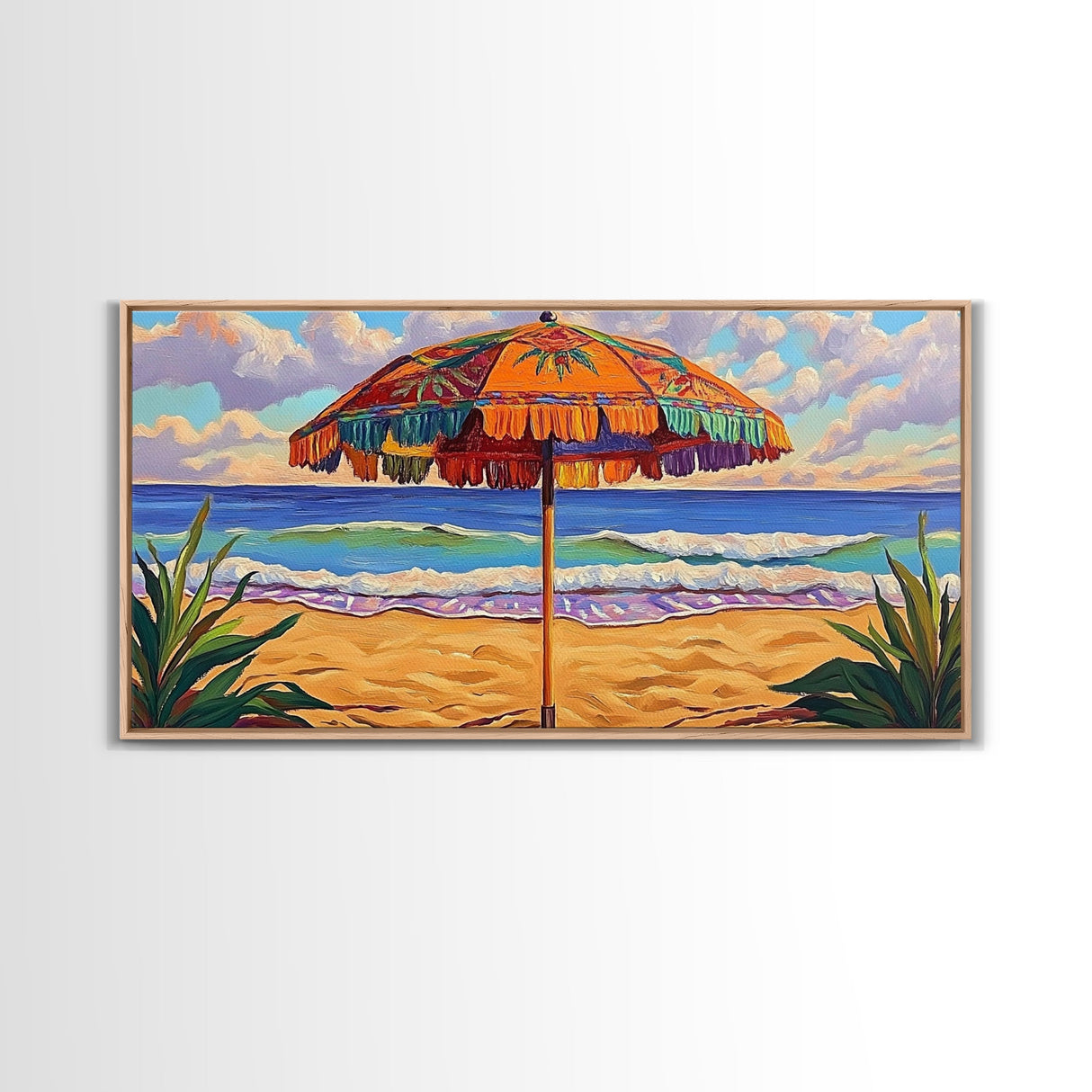 Umbrella Beach, Ocean, Framed Canvas Print, Colorful Beach Umbrella Painting, Retro Coastal Wall Decor, Summer Kitchen Art