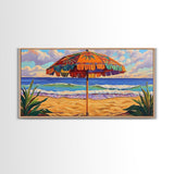 Umbrella Beach, Ocean, Framed Canvas Print, Colorful Beach Umbrella Painting, Retro Coastal Wall Decor, Summer Kitchen Art