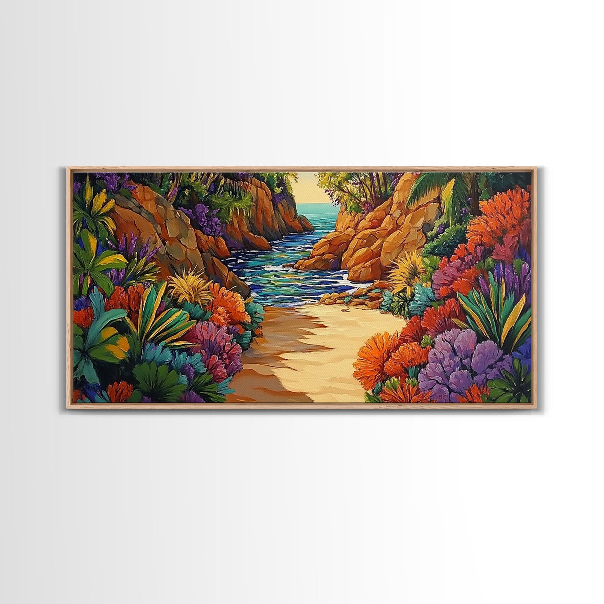 Jungle Cove, Bright, Canvas Print, Lush tropical jungle path to sea, Dining Room Wall Art, nature artwork, bohemian coastal print