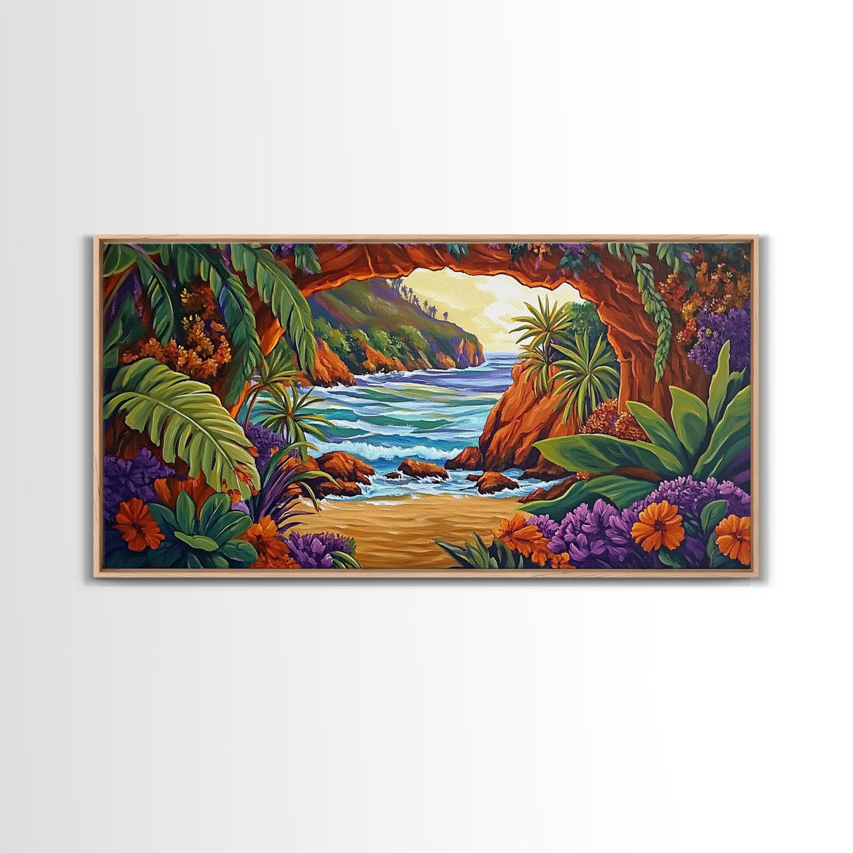 Tropical Archway, Ocean, Sunset, Framed Canvas Print, Coastal Decor, Tropical Wall Art, Landscape Painting, Living Room Artwork