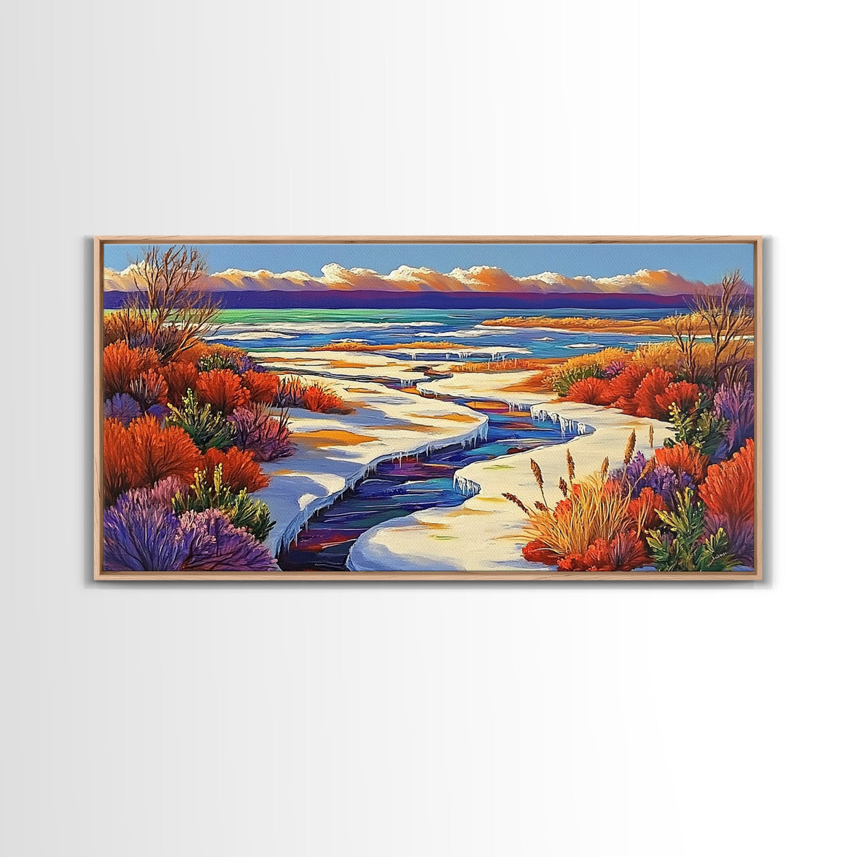 Winter River, Snow, Colorful, Framed Canvas Print, Winter Wonderland Art, Vibrant Seasonal Landscape, Cozy Cabin Wall Decor