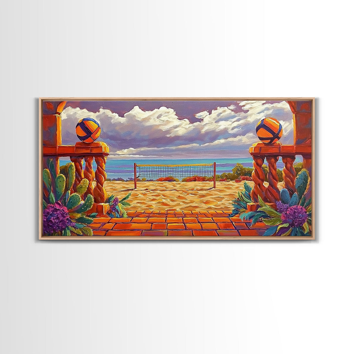 Volleyball Ocean, Sunset, Framed Canvas Print, Vibrant Beach Volleyball Scene, Sporty Coastal Wall Art, Game Room Decor