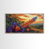 Feather Sunset, Flowers, Nature, Framed Canvas Print, Boho Feather Wall Art, Fall Home Decor, Living Room Autumn Art, Nature Painting