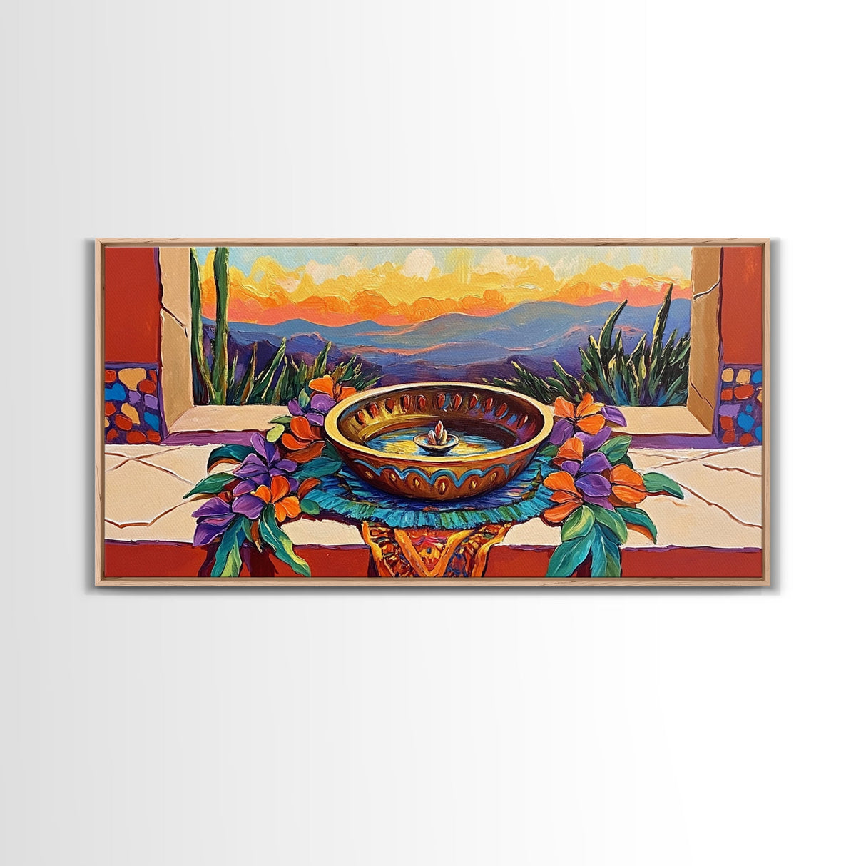 Fountain Sunset Flowers, Serenity, Framed Canvas Print, Southwestern Wall Art, Boho Vibe, Tranquil Home Decor, Kitchen or Entryway Art