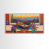Fountain Sunset Flowers, Serenity, Framed Canvas Print, Southwestern Wall Art, Boho Vibe, Tranquil Home Decor, Kitchen or Entryway Art