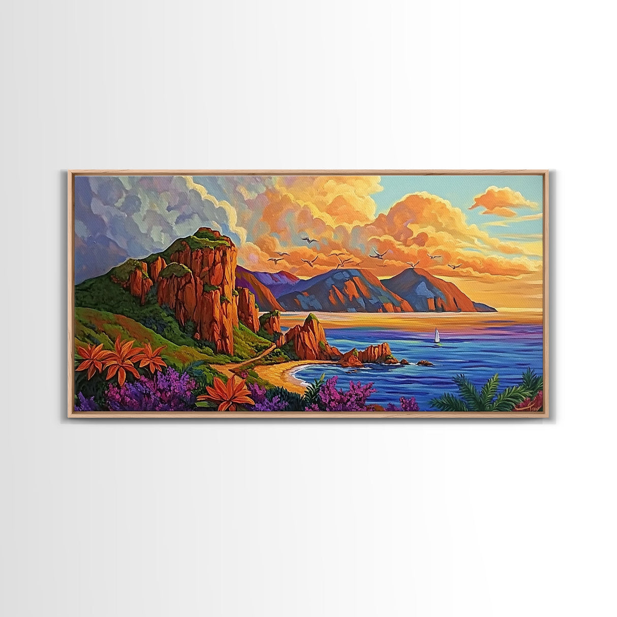 Coastline Mountains, Sunset, Landscape, Framed Canvas Print, Seascape Wall Art, Coastal Decor, Colorful Landscape, Living Room Beach Art