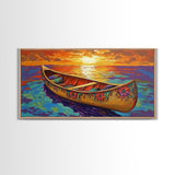 Canoe Sunset, Ocean, Solitude, Framed Canvas Print, Tranquil Beach Wall Art, Summer Decor, Nautical Painting, Living Room Accent