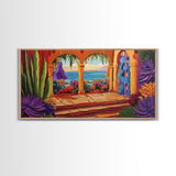 Patio Ocean, Paradise, View, Canvas Print tropical patio view art, living room coastal decor, sunset painting, Mediterranean vibes