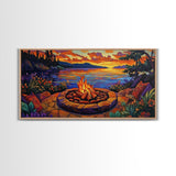 Firepit Sunset, Cozy, Night, Canvas Print warm evening campfire artwork, fall wall decor, lakeside cabin print, romantic outdoor setting