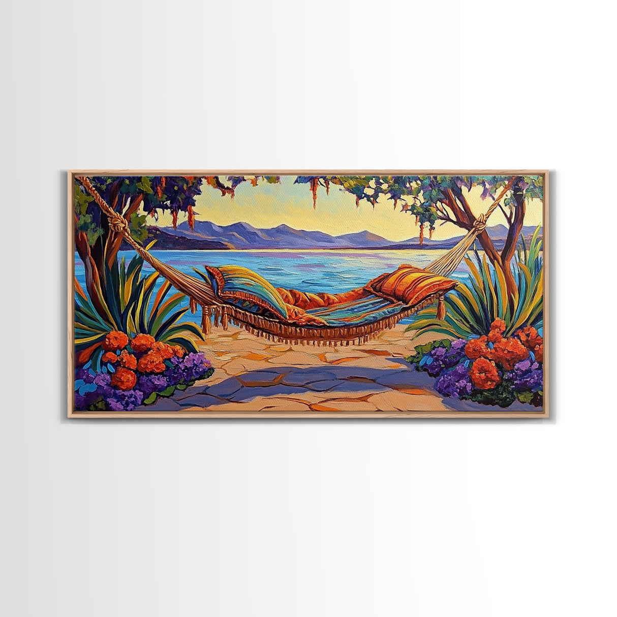 Hammock Lake, Relax, Peace, Framed Canvas Print tropical lakeside retreat artwork, relaxing boho bedroom art, beachy summer decor