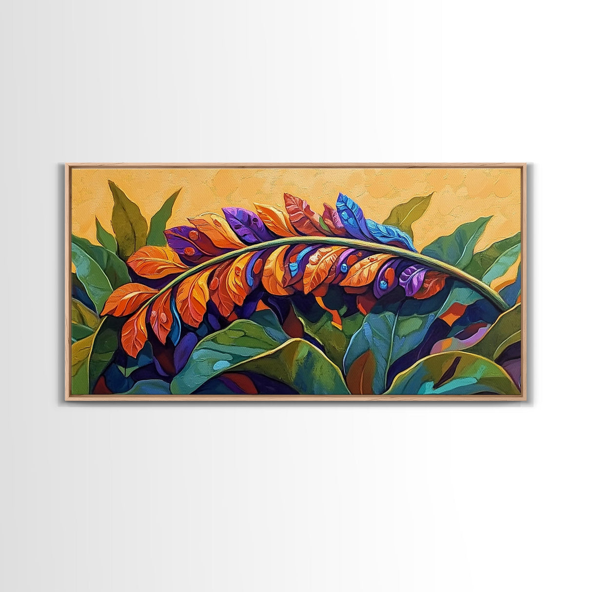 Tropical Leaves, Bright, Fall, Framed Canvas Print, botanical fall wall art, colorful boho tropical leaves painting, kitchen home decor