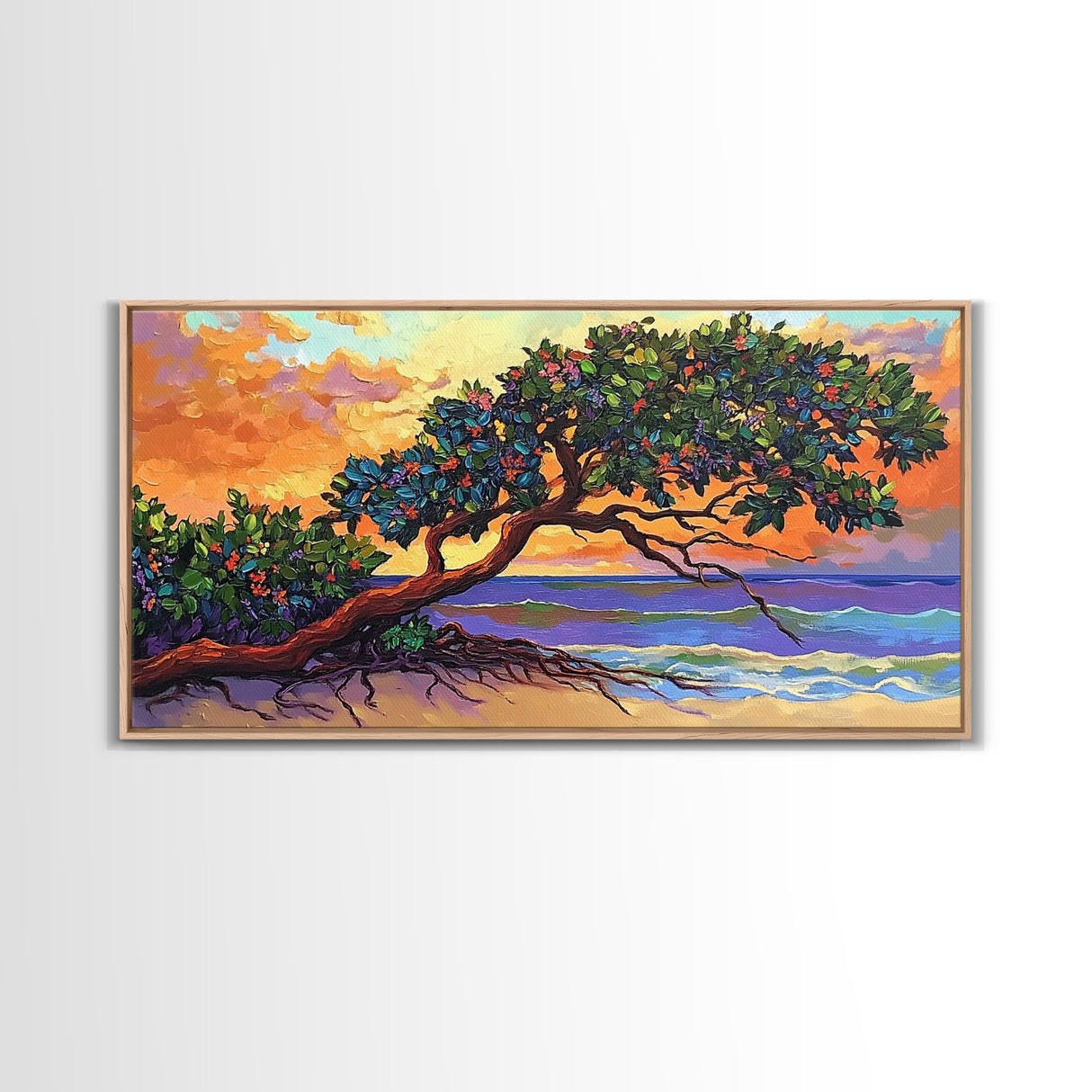 Tropical Tree, Beach, Sunset, Framed Canvas Print nature lover wall decor, boho coastal print, vibrant living room art, island art