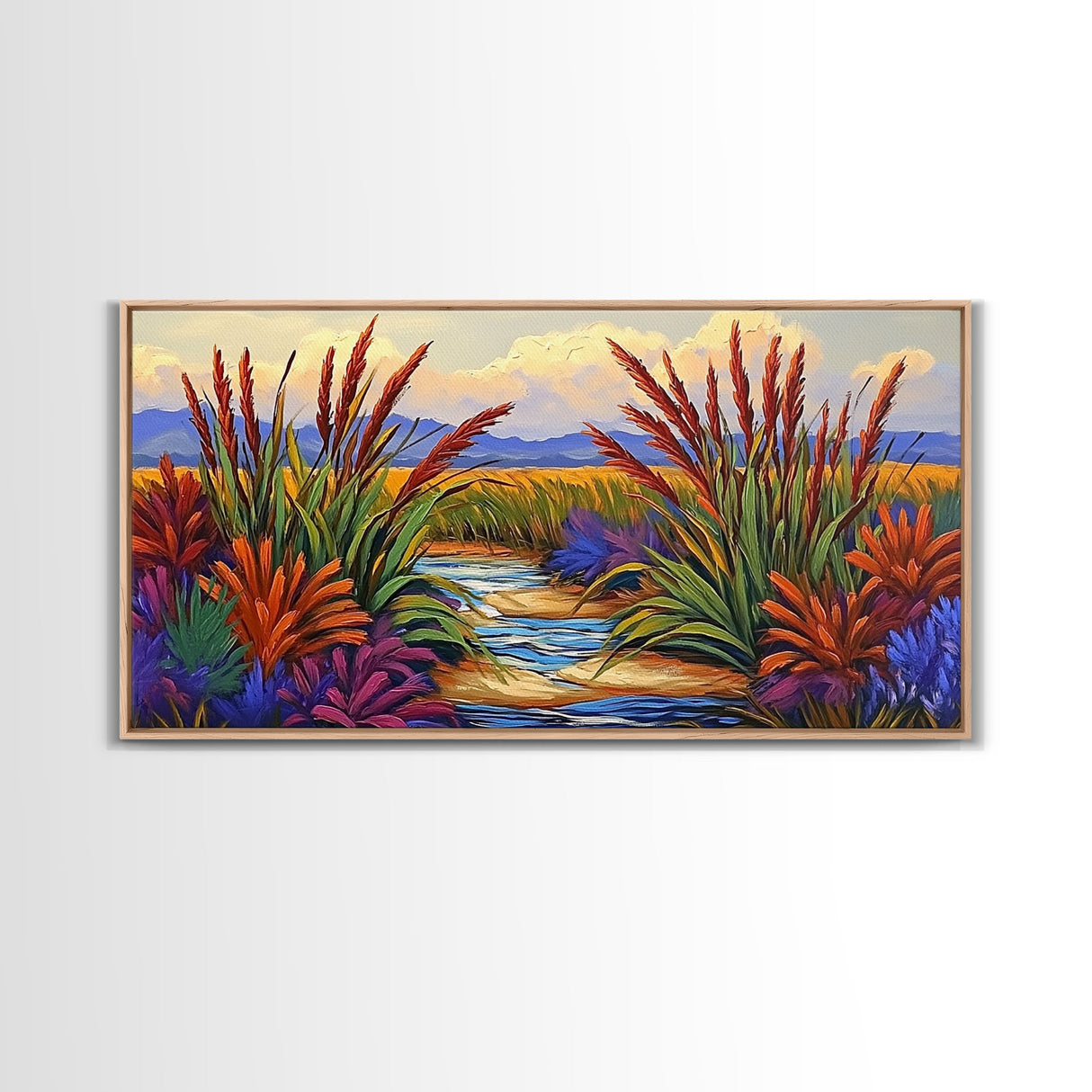 Marsh Grassland, Sunset, Scene, Framed Canvas Print rustic farmhouse art, colorful Fall wall decor, bedroom landscape canvas