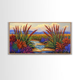 Marsh Grassland, Sunset, Scene, Framed Canvas Print rustic farmhouse art, colorful Fall wall decor, bedroom landscape canvas