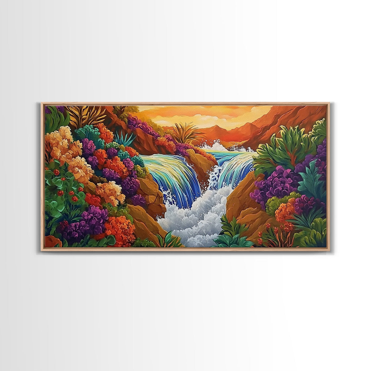 Sunset Waterfall, Vibrant Jungle, Tropical Landscape, Framed Canvas Print, Boho Wall Art, Bathroom or Bedroom Decor, Nature Painting