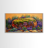 Moss Rock, Desert Garden, Sunset Stone, Framed Canvas Print, Rustic Wall Art, Kitchen or Bathroom Decor, Desert Botanical Artwork
