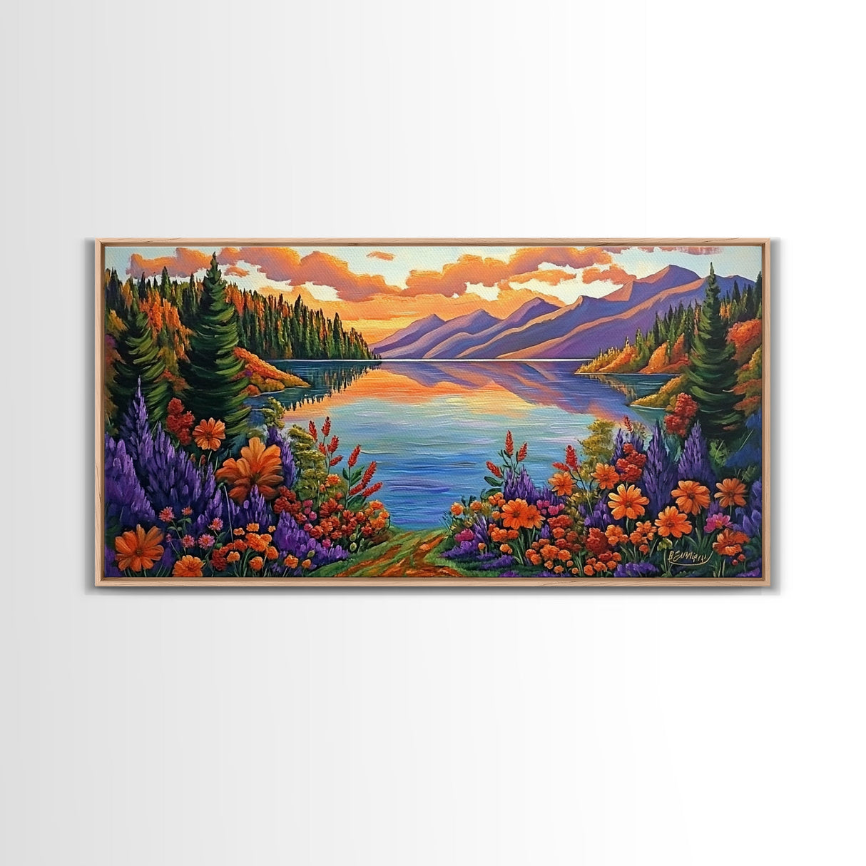 Mountain Lake, Sunset Reflection, Wildflower Meadow, Canvas Print, Vibrant Nature Art, Living Room or Cabin Wall Decor