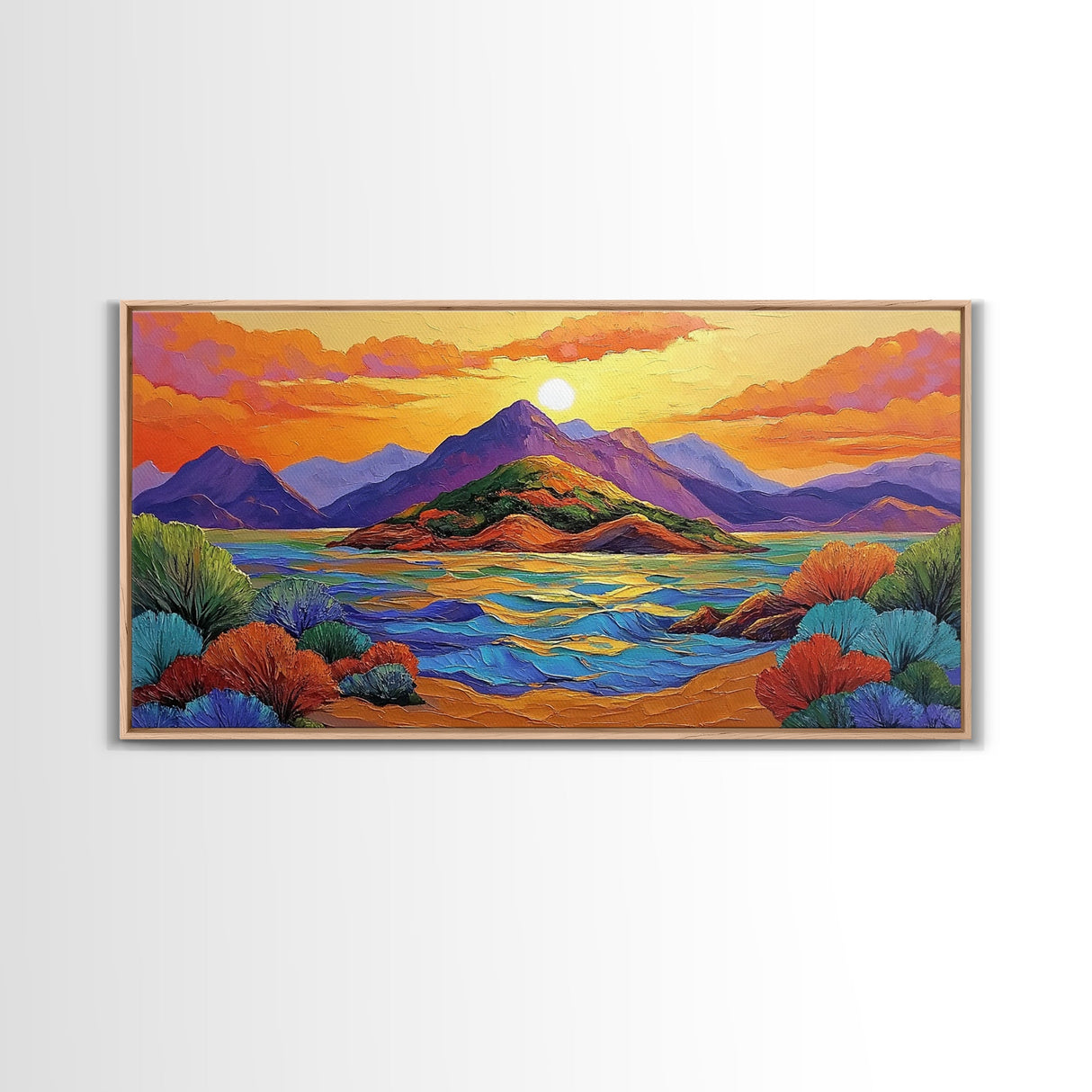Island Sunset, Mountain Horizon, Ocean Glow, Framed Canvas Print, Bold Wall Art, Bedroom or Office Decor, Tropical Paradise Painting