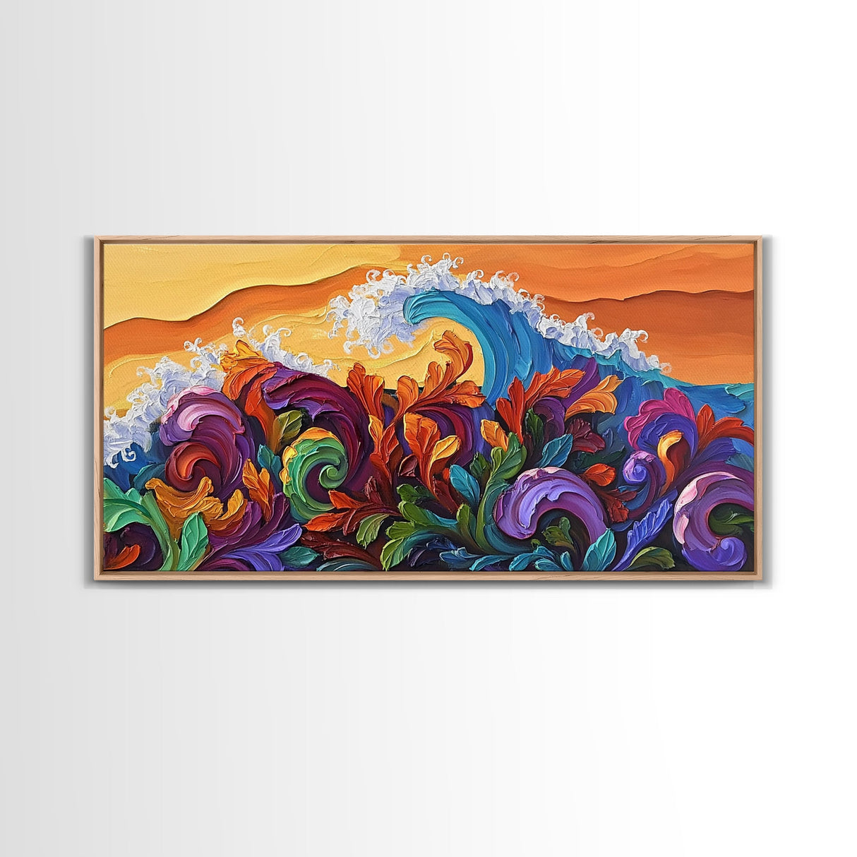 Abstract Wave, Tropical Swirl, Sunset Motion, Framed Canvas Print, Colorful Modern Wall Art, Living Room Decor, Bold Ocean Art