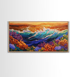 Ocean Bloom, Sunset Surf, Tropical Waves, Canvas Print, Vibrant Coastal Wall Art, Beach House Decor, Colorful Seascape Painting