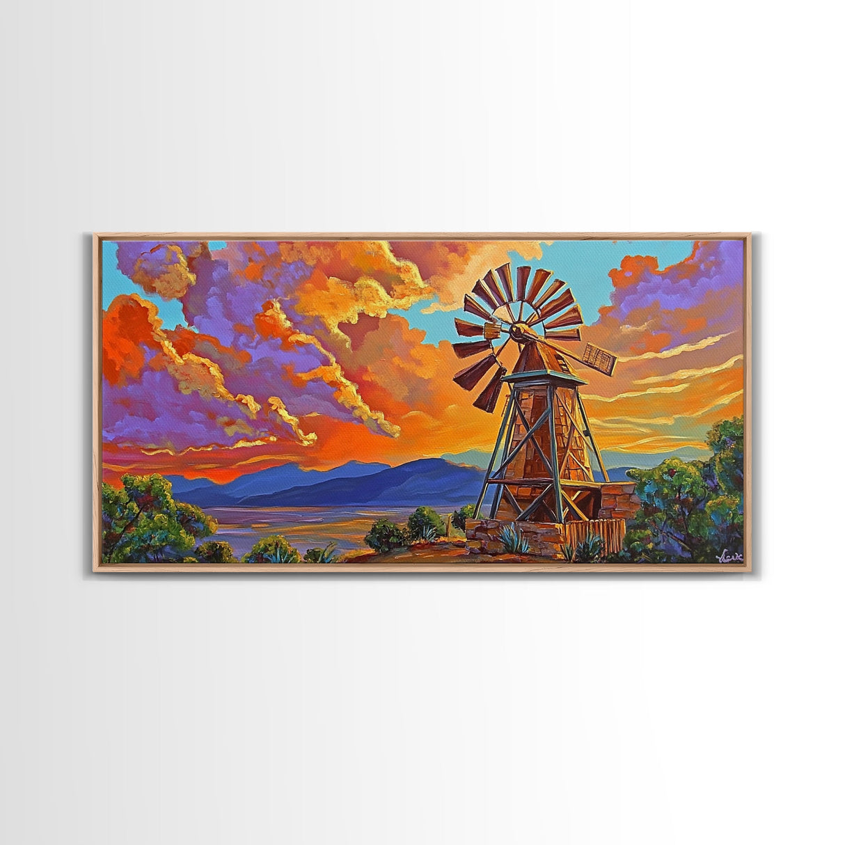 Rustic Windmill, Sunset, Country Sky, Canvas Print, Vibrant farmhouse scene perfect Fall Living Room Wall Art or Rustic Home Decor