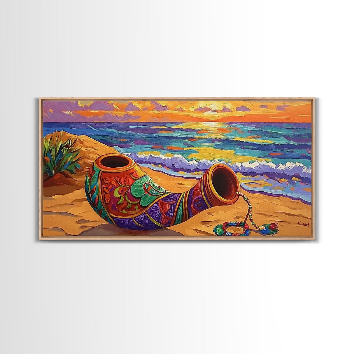 Horn Sand, Sunset, Shore, Framed Canvas Print boho beach decor, living room Mexican art, coastal horn painting, rustic folk art