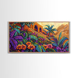 Jungle, Flowers, Adobe, Hillside, Framed Canvas Print tropical wall art, vibrant living room decor, boho jungle scene painting